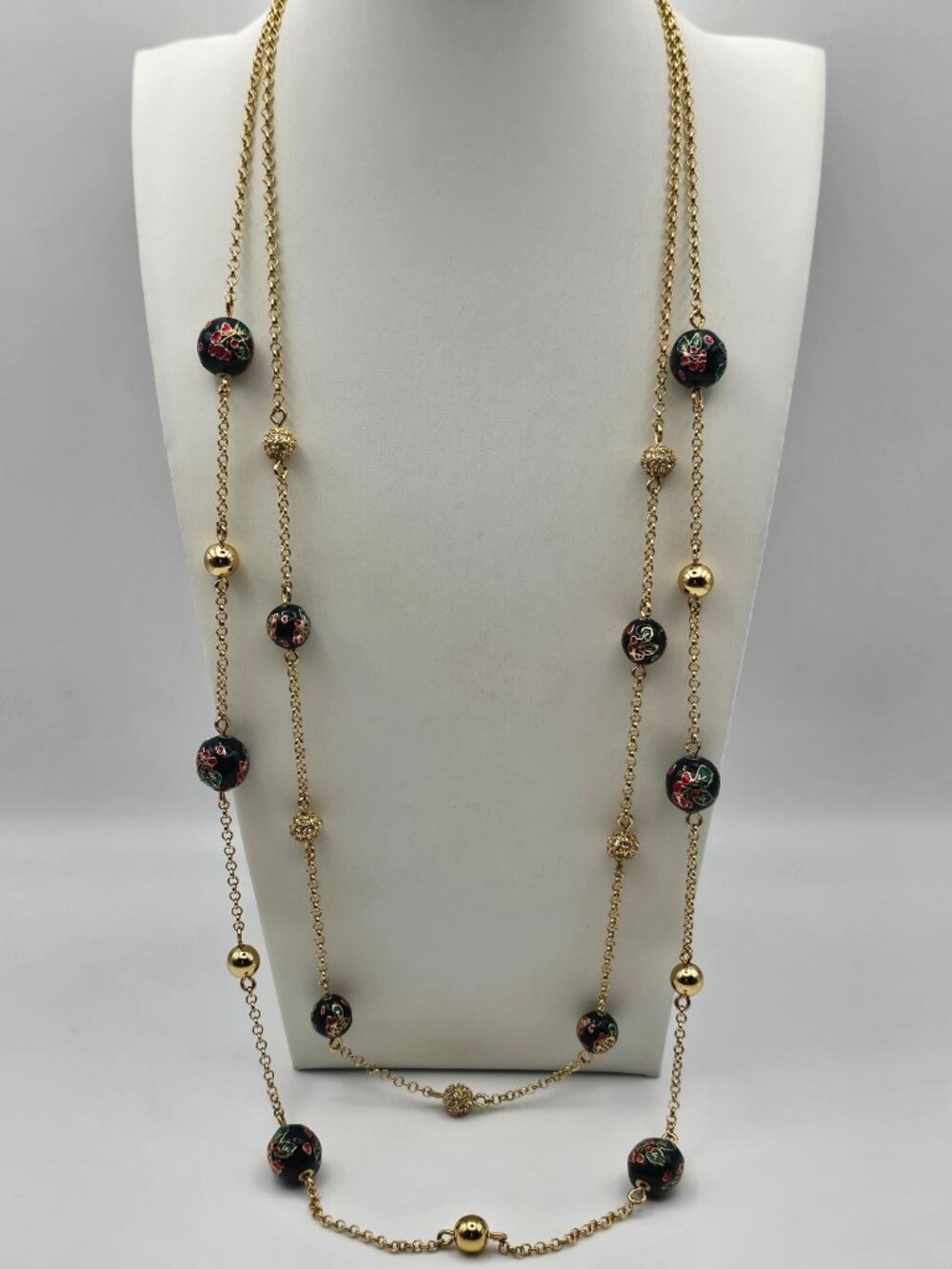 Talbots Long Necklace Gold Tone Floral Bead Station Necklace 30" Vintage Style